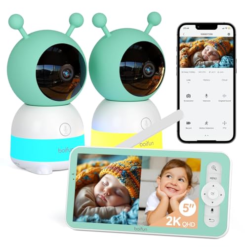 Baby Monitor – 2K, Dual Camera, 5" Screen, WiFi App, PTZ, Motion & Cry Detection, Temp & Humidity, Auto Tracking