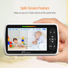 Baby Monitor – 5" Screen, Dual Camera, PTZ, No WiFi, Night Vision, Temp Sensor, Feeding Timer, Lullabies