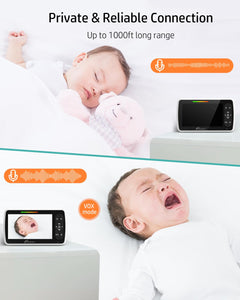 Baby Monitor – 5" Screen, Dual Camera, PTZ, No WiFi, Night Vision, Temp Sensor, Feeding Timer, Lullabies