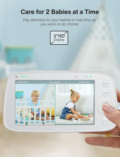 Baby Monitor – 5" Screen, PTZ, Zoom, No WiFi, Night Vision, 2-Way Audio, Long Range, Battery, Lullabies