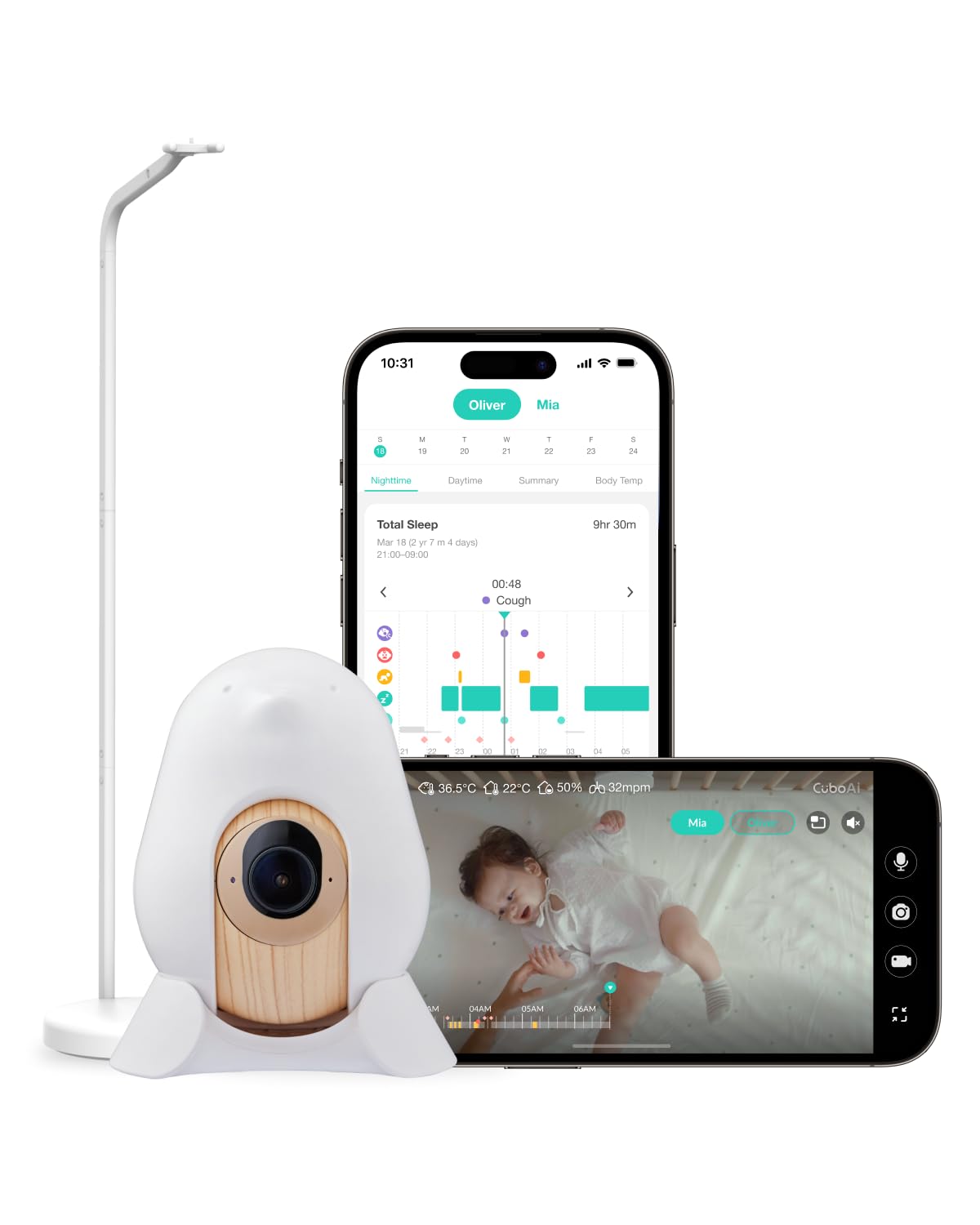 2.5K QHD Smart Baby Monitor with Sleep Safety Alerts, Floor Stand & App Control