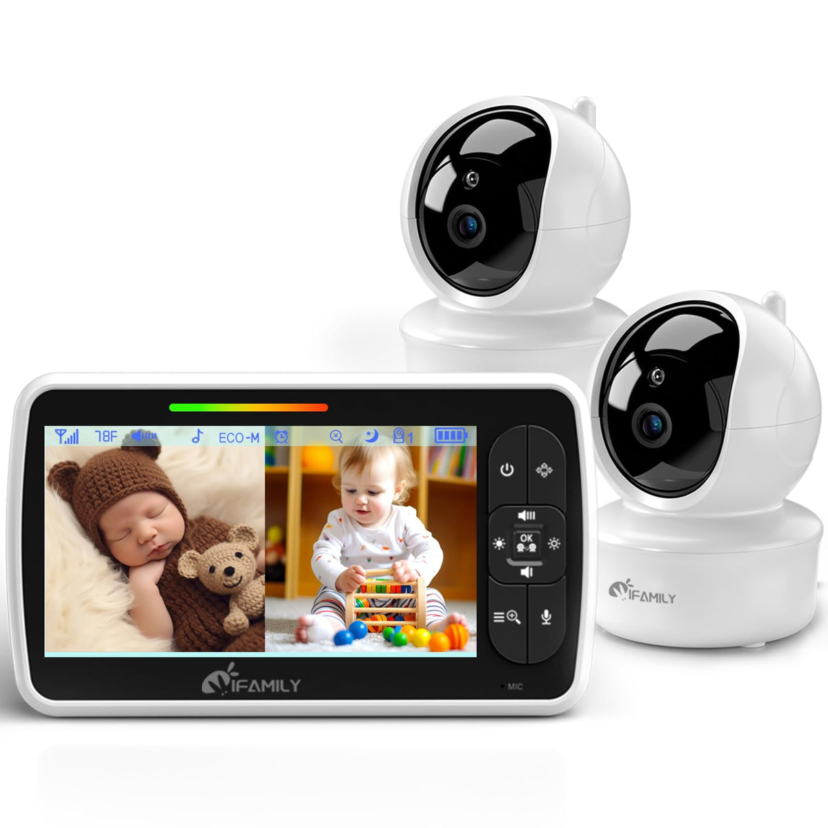 Baby Monitor – 5" Screen, Dual Camera, PTZ, No WiFi, Night Vision, Temp Sensor, Feeding Timer, Lullabies