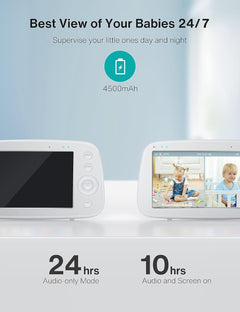 Baby Monitor – 5" Screen, PTZ, Zoom, No WiFi, Night Vision, 2-Way Audio, Long Range, Battery, Lullabies