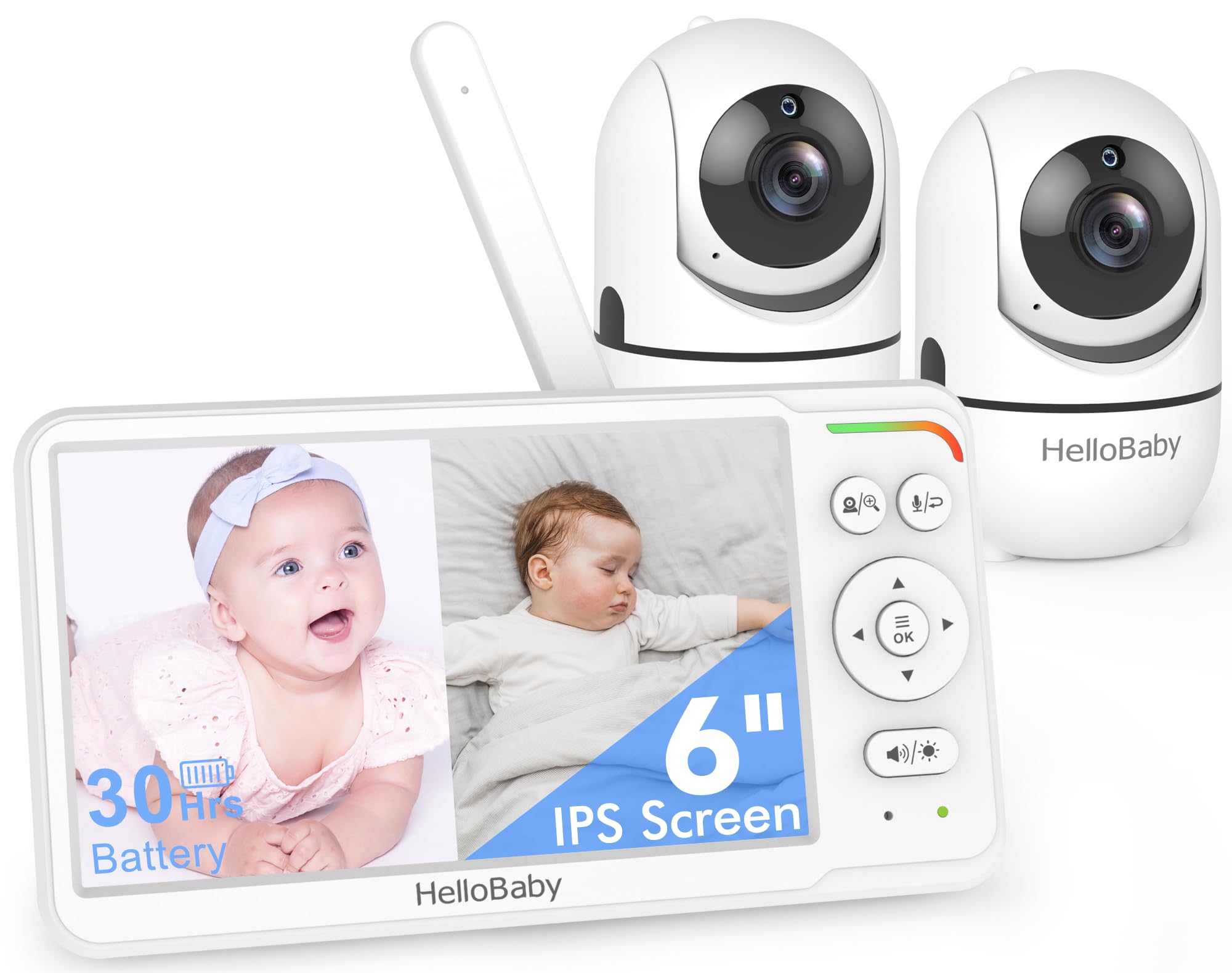 6" Split-Screen No-WiFi Baby Monitor, 2 Cameras, PTZ, Long Battery & 1000ft Range