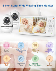 6" Split-Screen No-WiFi Baby Monitor, 2 Cameras, PTZ, Long Battery & 1000ft Range